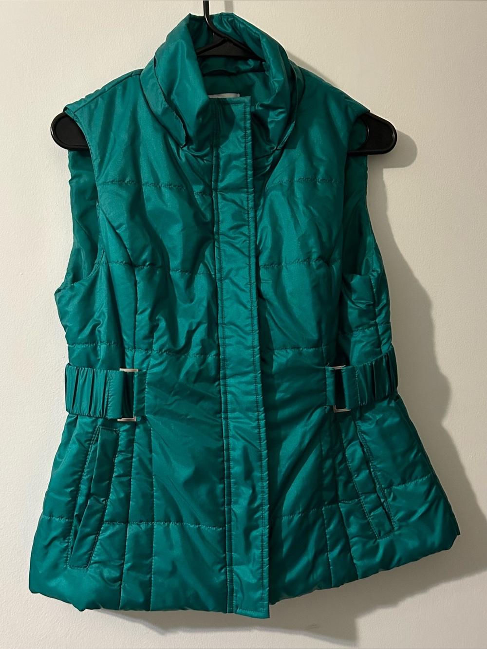 New York & Company Green Puffer Vest Women's Size S Stylish Belt Design